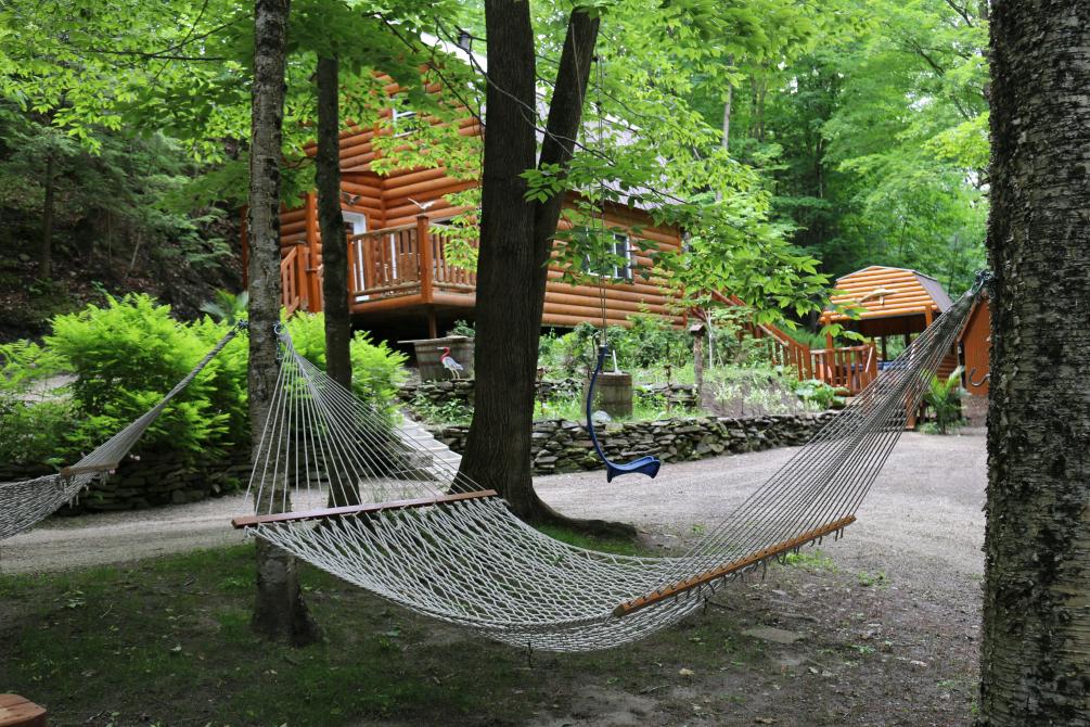Espace Relaxation: Espace relaxation entre trois arbre, hamacs et chaise bercante