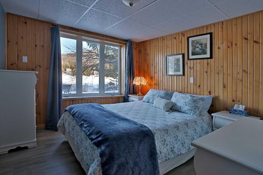 Chambre bleue: Chambre niveau lac avec vue sur le lac et lit queen.